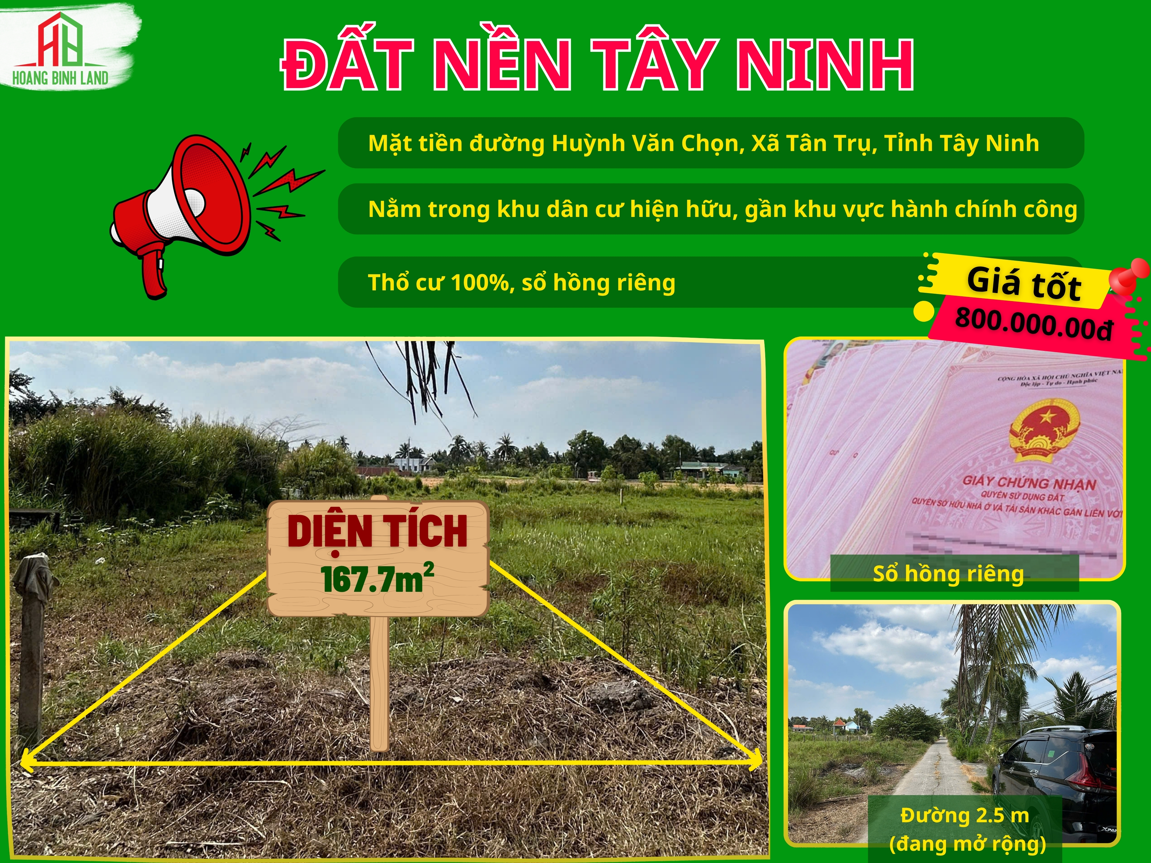 CHỈ 800 TRIỆU – SỞ HỮU NGAY ĐẤT MẶT TIỀN ĐƯỜNG LỚN TẠI TÂN TRỤ